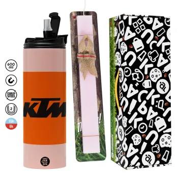 KTM, Easter candle,Travel Tumbler 2 Lids, with metal straw & cleaning brush & aromatic flat candle (30cm) (PINK)