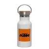 Metallic thermos (Stainless steel) White with wooden lid (bamboo), double-walled, 350ml