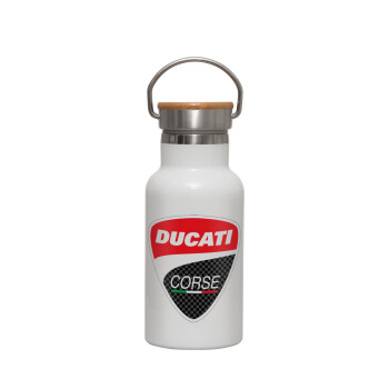 Ducati, Μεταλλικό παγούρι θερμός (Stainless steel) Λευκό με ξύλινο καπακι (bamboo), διπλού τοιχώματος, 350ml
