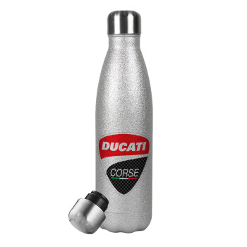 Ducati, Μεταλλικό παγούρι θερμός Glitter Aσημένιο (Stainless steel), διπλού τοιχώματος, 500ml