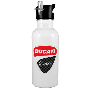Ducati, White water bottle with straw, stainless steel 600ml
