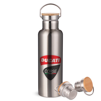 Ducati, Stainless steel Silver with wooden lid (bamboo), double wall, 750ml
