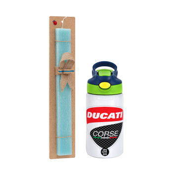 Ducati, Easter Set, Children's thermal stainless steel bottle with safety straw, green/blue (350ml) & aromatic flat Easter candle (30cm) (TURQUOISE)