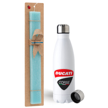 Ducati, Easter Set, metallic stainless steel water bottle (750ml) & aromatic flat Easter candle (30cm) (TURQUOISE)