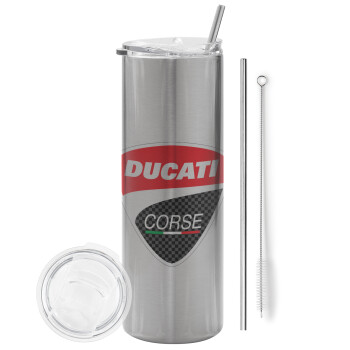 Ducati, Eco friendly ποτήρι θερμό Ασημένιο (tumbler) από ανοξείδωτο ατσάλι 600ml, με μεταλλικό καλαμάκι & βούρτσα καθαρισμού