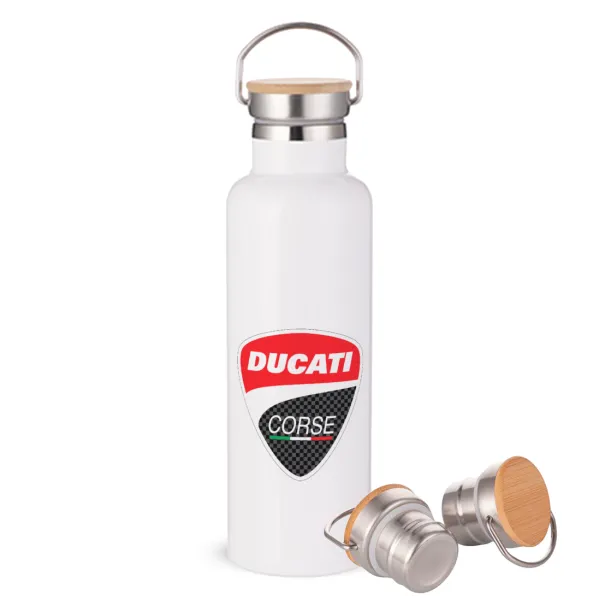 Ducati — Μεταλλικό παγούρι θερμός (Stainless steel) Λευκό με ξύλινο καπάκι (bamboo), διπλού τοιχώματος, 750ml