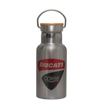 Ducati, Μεταλλικό παγούρι θερμός (Stainless steel) Ασημένιο με ξύλινο καπακι (bamboo), διπλού τοιχώματος, 350ml