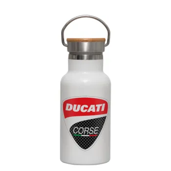Ducati, Metallic thermos (Stainless steel) White with wooden lid (bamboo), double-walled, 350ml