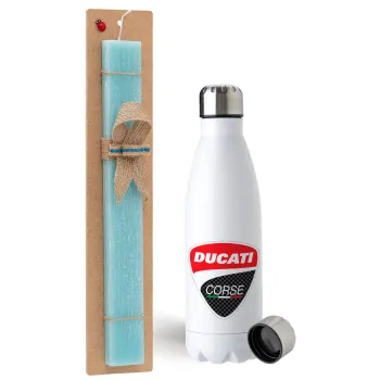 Ducati, Easter Set, metallic stainless steel water bottle (750ml) & aromatic flat Easter candle (30cm) (TURQUOISE)
