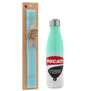 Ducati, Easter Set, Metallic green/white thermos (Stainless steel), double-walled, 500ml & scented flat Easter candle (30cm) (TURQUOISE)