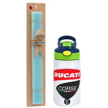Ducati, Easter Set, Children's thermal stainless steel bottle with safety straw, green/blue (350ml) & aromatic flat Easter candle (30cm) (TURQUOISE)
