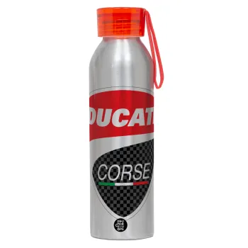 Ducati, Αλουμινένιο Αθλητικό Μπουκάλι 650ml – Ασημί με Κόκκινο Καπάκι και Λουράκι Σιλικόνης