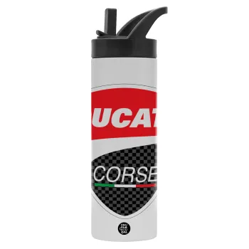 Ducati, Metallic thermos bottle with straw & handle, stainless steel (Stainless steel 304), double-walled, 600ml.