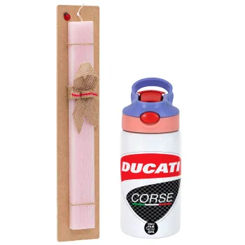 Ducati, Easter Set, Children's thermal stainless steel water bottle with safety straw, pink/purple (350ml) & Easter scented flat candle (30cm) (PINK)