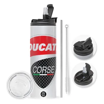 Ducati, Travel Tumbler 2 Lids, with metal straw & cleaning brush (Stainless steel 304 Food grade, BPA free, 600ml)
