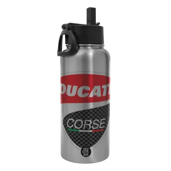 Ducati, Μεταλλικό παγούρι θερμός Silver με καλαμάκι και χερούλι (Stainless steel), διπλού τοιχώματος, 950ml