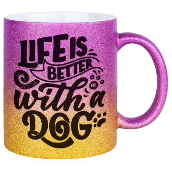 Life is better with a DOG, Κούπα Χρυσή/Ροζ Glitter, κεραμική, 330ml
