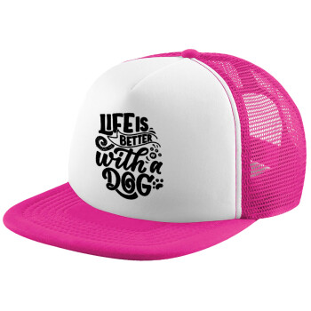 Life is better with a DOG, Καπέλο Ενηλίκων Soft Trucker με Δίχτυ Pink/White (POLYESTER, ΕΝΗΛΙΚΩΝ, UNISEX, ONE SIZE)