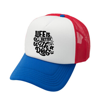 Life is better with a DOG, Καπέλο Soft Trucker με Δίχτυ Red/Blue/White 