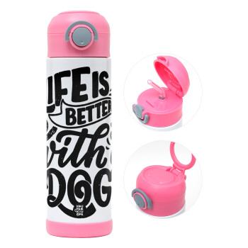 Life is better with a DOG, Children's hot water bottle, stainless steel, with safety straw, PINK (500ml)