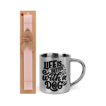 Life is better with a DOG, Easter Set, metallic thermal cup (300ml) & aromatic flat Easter candle (30cm) (PINK)