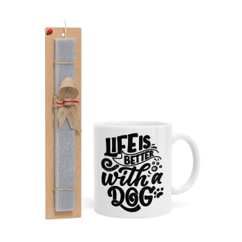 Life is better with a DOG, Easter Set, Ceramic Cup (330ml) & Easter aromatic flat candle (30cm) (GRAY)
