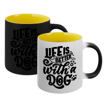 Life is better with a DOG, Κούπα Μαγική εσωτερικό κίτρινη, κεραμική 330ml που αλλάζει χρώμα με το ζεστό ρόφημα (1 τεμάχιο)
