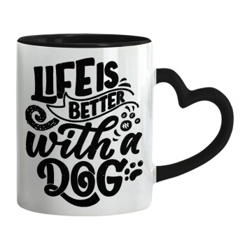 Life is better with a DOG, Κούπα καρδιά χερούλι μαύρη, κεραμική, 330ml