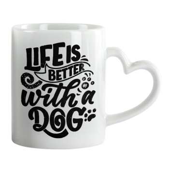 Life is better with a DOG, Κούπα καρδιά χερούλι λευκή, κεραμική, 330ml