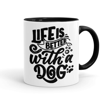 Life is better with a DOG, Κούπα χρωματιστή μαύρη, κεραμική, 330ml