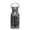 Stainless steel metallic thermos flask, silver with a bamboo lid, double-walled, 350ml.
