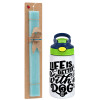 Easter Set, Children's thermal stainless steel bottle with safety straw, green/blue (350ml) & aromatic flat Easter candle (30cm) (TURQUOISE)