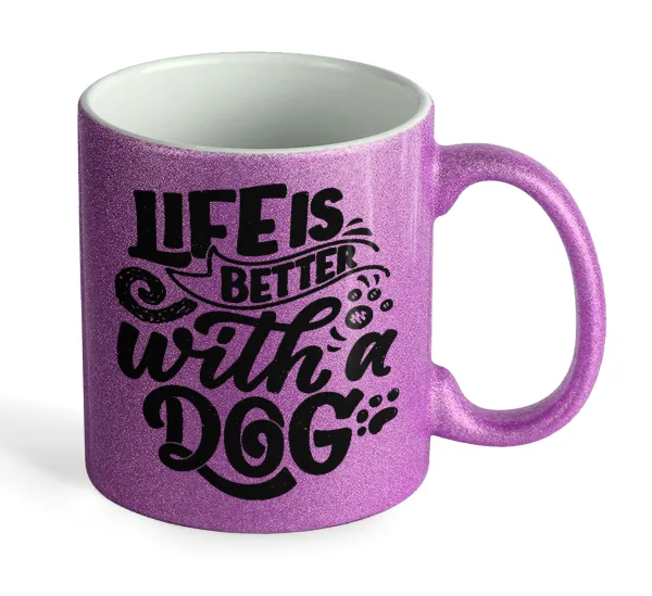 Life is better with a DOG — Κούπα Μωβ Glitter που γυαλίζει, κεραμική, 330ml