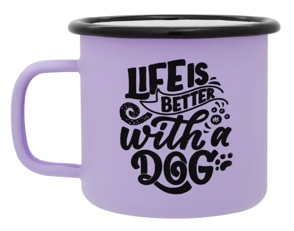 Life is better with a DOG — Metal enamel mug, matte light pastel purple, 360ml
