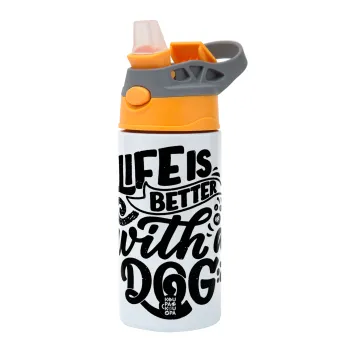 Life is better with a DOG, Παιδικό παγούρι θερμό, ανοξείδωτο, με καλαμάκι ασφαλείας, Πορτοκαλί/Γκρι (360ml) BPA-FREE