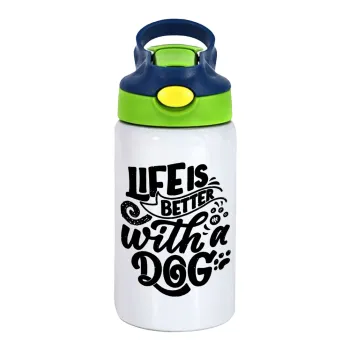 Life is better with a DOG, Παιδικό παγούρι θερμό, ανοξείδωτο, με καλαμάκι ασφαλείας, πράσινο/μπλε (350ml)