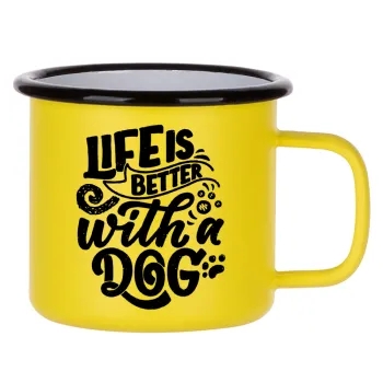 Life is better with a DOG, Κούπα Μεταλλική εμαγιέ ΜΑΤ Κίτρινη 360ml