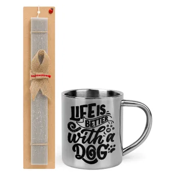 Life is better with a DOG, Easter Set, metallic thermal cup (300ml) & Easter aromatic flat candle (30cm) (GRAY)