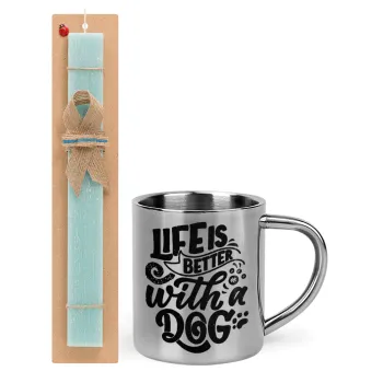 Life is better with a DOG, Easter Set, metallic thermal cup (300ml) & aromatic flat Easter candle (30cm) (TURQUOISE)