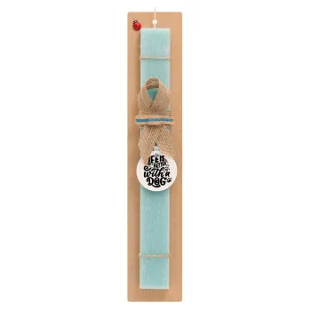 Life is better with a DOG, Easter Set, wooden keychain & aromatic flat Easter candle (30cm) (TURQUOISE)