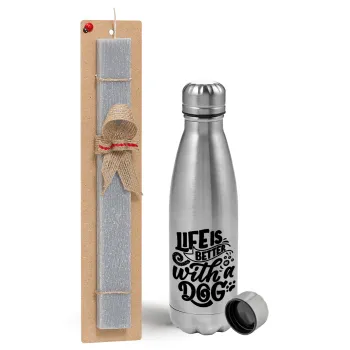 Life is better with a DOG, Easter Set, metallic Inox water bottle (750ml) & aromatic flat Easter candle (30cm) (GRAY)