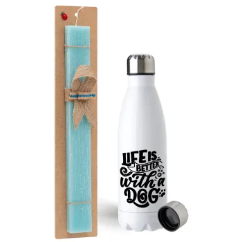 Life is better with a DOG, Easter Set, metallic stainless steel water bottle (750ml) & aromatic flat Easter candle (30cm) (TURQUOISE)