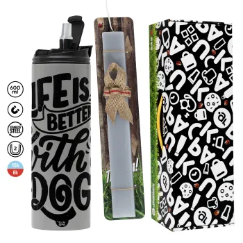 Life is better with a DOG, Πασχαλινή Λαμπάδα με Travel Tumbler θερμό (600ml, BPA free) & κερί αρωματικό πλακέ (30cm) (ΓΚΡΙ)