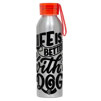 Life is better with a DOG, Αλουμινένιο Αθλητικό Μπουκάλι 650ml – Ασημί με Κόκκινο Καπάκι και Λουράκι Σιλικόνης