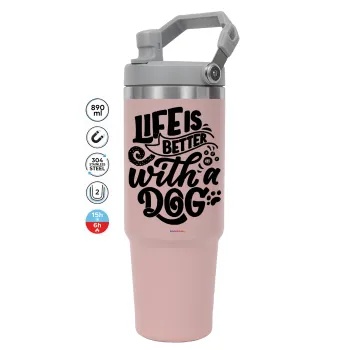Life is better with a DOG, Pink color, 890ml (30oz) stainless Steel Tumbler with Handle