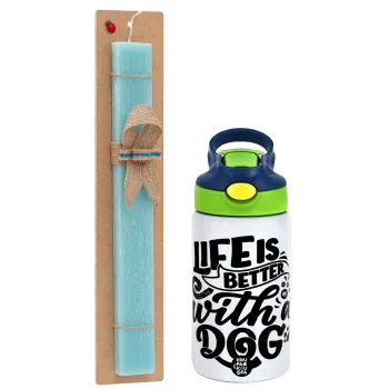 Life is better with a DOG, Easter Set, Children's thermal stainless steel bottle with safety straw, green/blue (350ml) & aromatic flat Easter candle (30cm) (TURQUOISE)