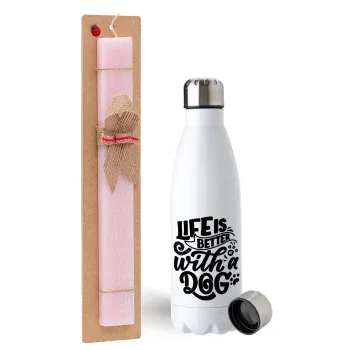 Life is better with a DOG, Easter Set, metallic stainless steel water bottle (750ml) & scented flat Easter candle (30cm) (PINK)