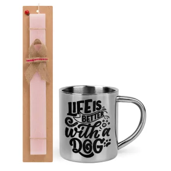 Life is better with a DOG, Easter Set, metallic thermal cup (300ml) & aromatic flat Easter candle (30cm) (PINK)