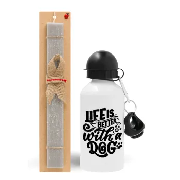 Life is better with a DOG, Easter Set, metallic aluminum water bottle (500ml) & aromatic flat Easter candle (30cm) (GRAY)
