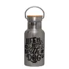 Stainless steel metallic thermos flask, silver with a bamboo lid, double-walled, 350ml.